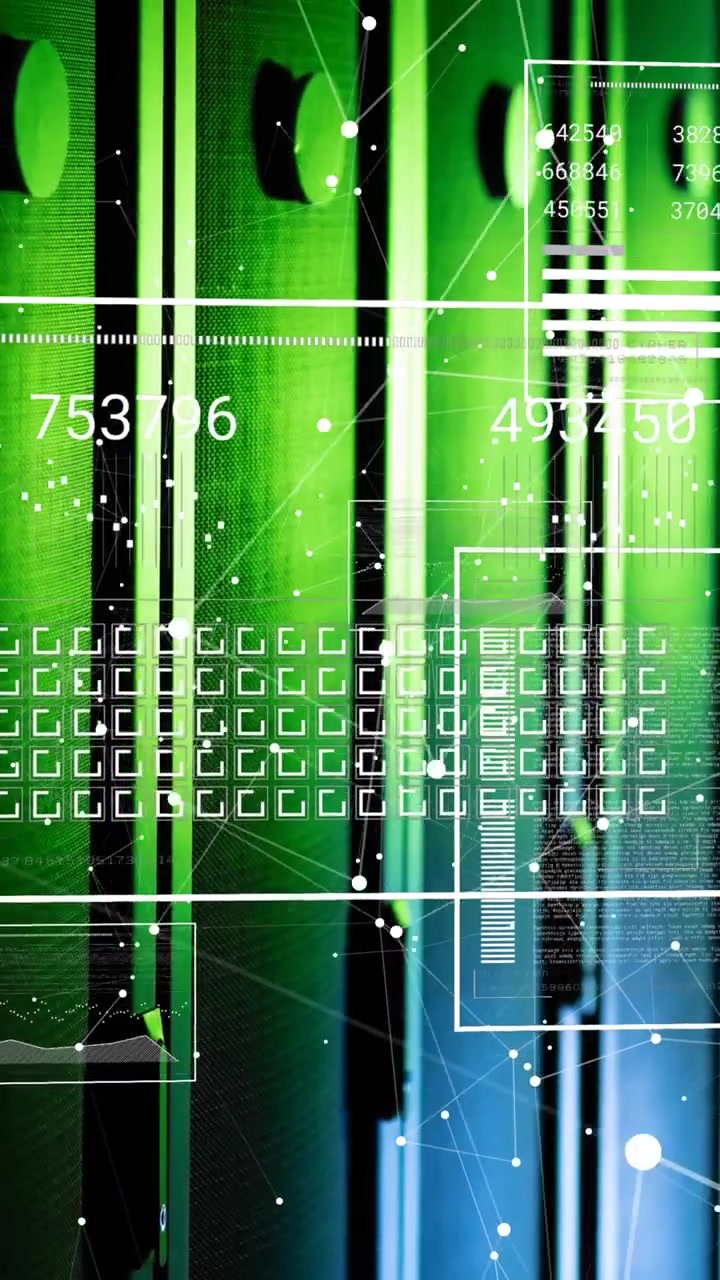 Animation of interface with data processing and network of connections against computer server room