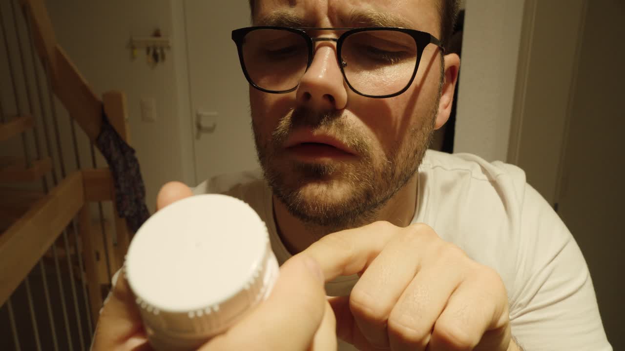 A man with glasses reads a medicine label, hesitates for a moment, then thinks it can’t hurt. He appears unsure yet slightly convinced under warm indoor light