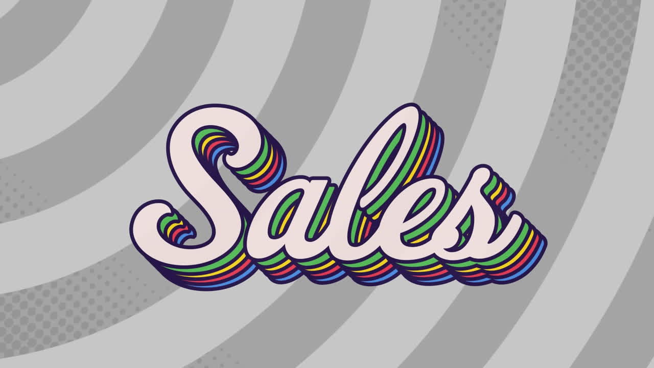 animación de un cartel de texto de ventas contra rayos radiales en un patrón sin costuras sobre un fondo gris