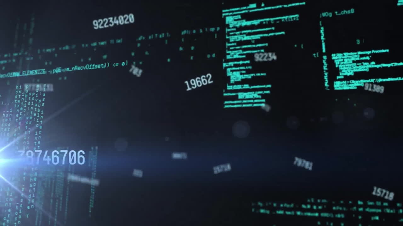 Animation of data processing over dark background