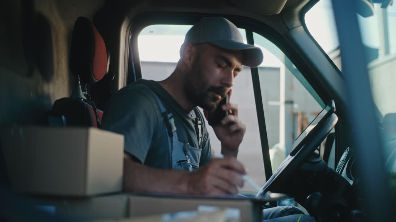 Delivery Driver Working Inside a Van, Managing Calls and Packages