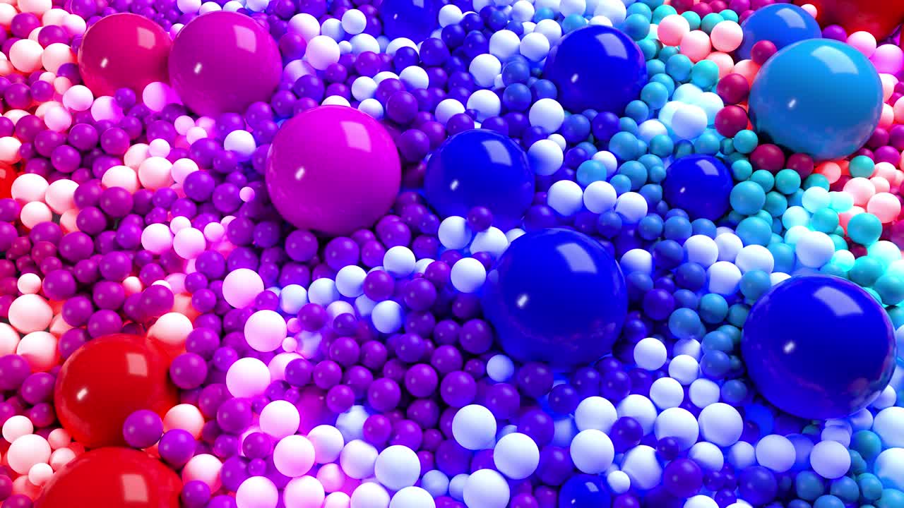 추상적인 휴일 배경으로 밝고 아름다운 작은 그리고 큰 구 또는 공을 가진 3d 루프 애니메이션. 다채로운 구의 아름다운 구성