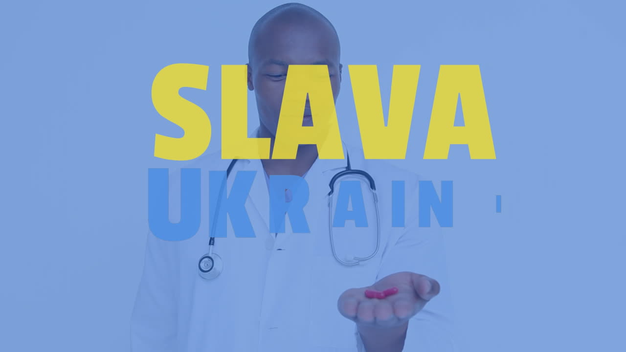 Animation of slava ukraini text over african american male doctor