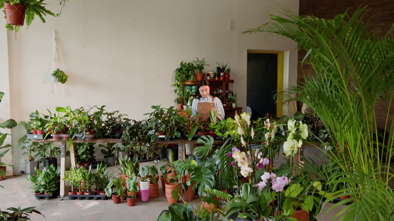 식물 가게 에서 일 하는 여자