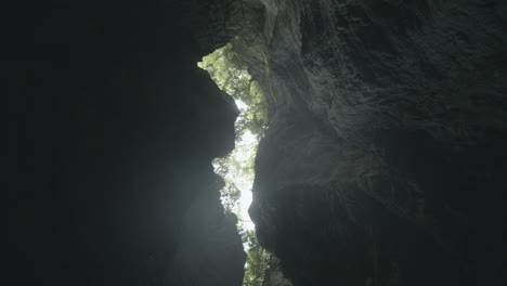 sunlight shining through deep canyon rocks, green trees in background