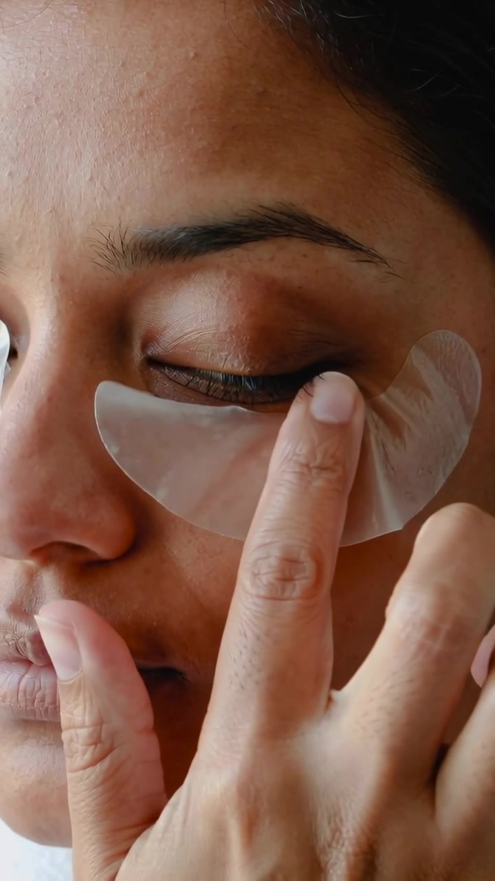 Vertical video: Starting routine woman pressing hydrogel under-eye patches at home for care