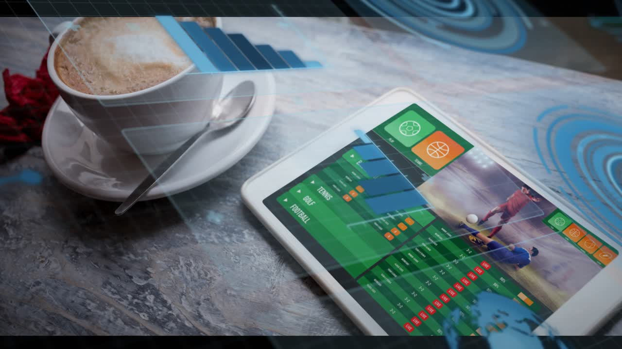 glowing circuits starting data flow with tablet showing soccer stats bars rising radar pulsing