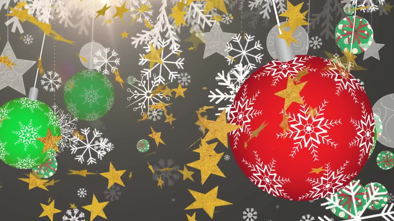 animación de estrellas doradas sobre coloridas bolas colgantes contra un punto de luz en fondo gris