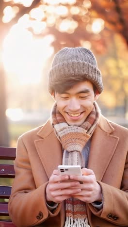 an asian man sitting on a park bench in autumn, reading a positive message on his mobile phone.