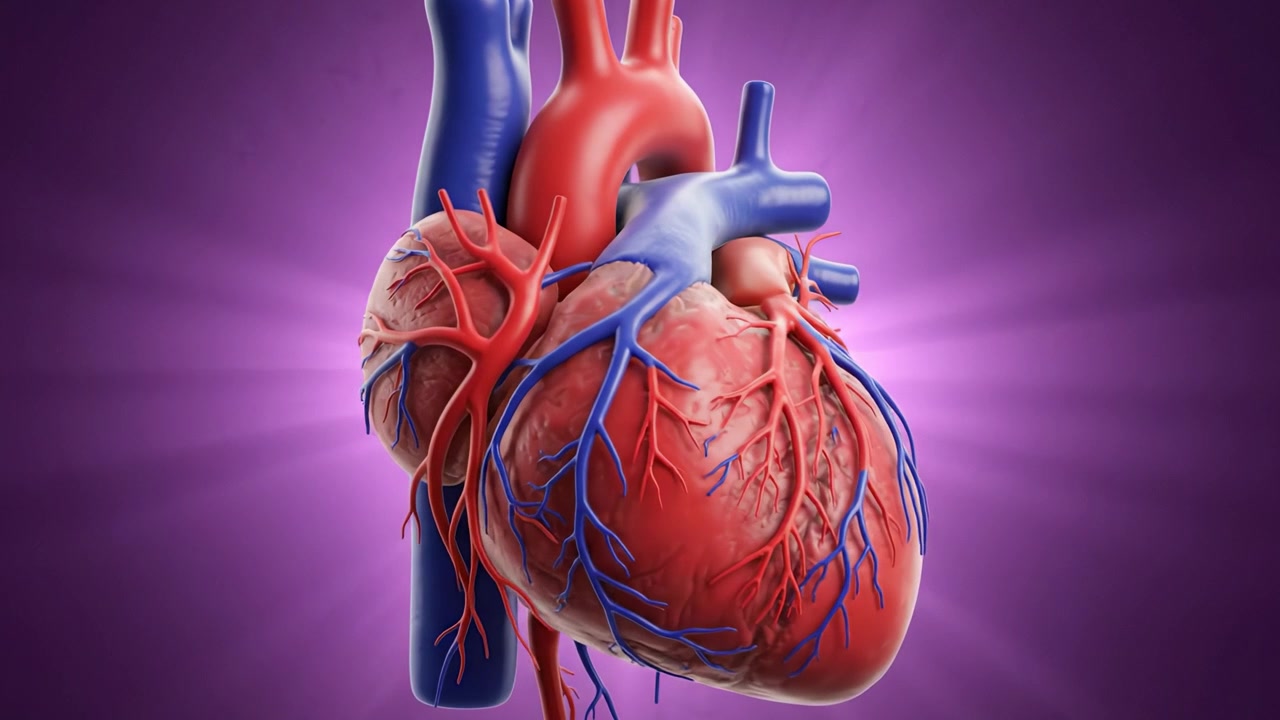 Anatomically Accurate 3D Render of the Human Heart with Detailed Veins and Arteries Set Against a Vibrant Purple Background