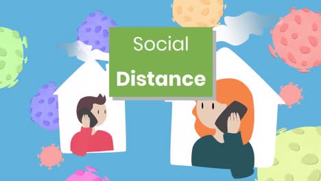 Social-distance-text-on-green-banner-over-man-and-woman-talking-on-smartphone-at-home-icons