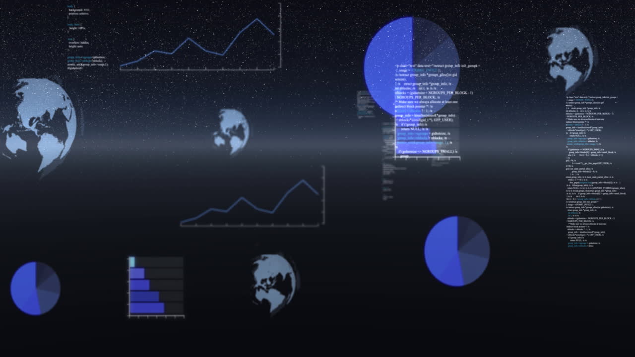 animación del procesamiento de datos, giros de globos y registro de estadísticas sobre el universo