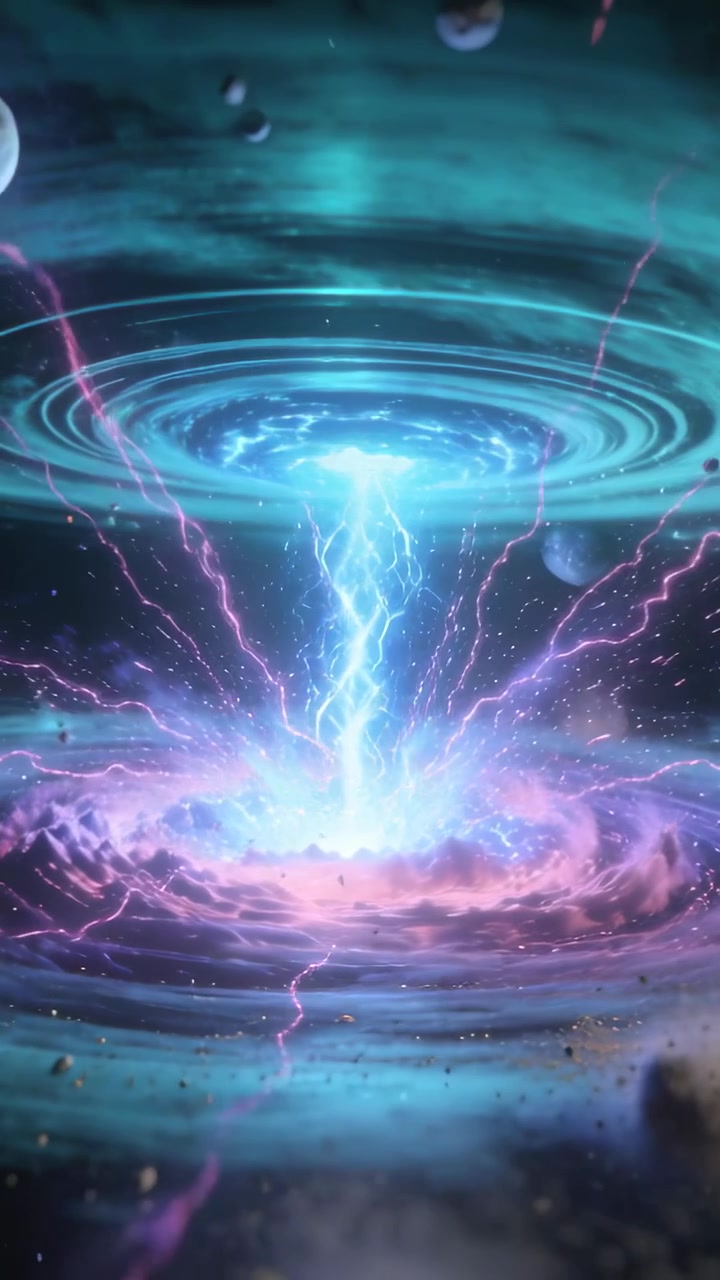 Video verticale: Anello turchese che si forma collegando un vortice a una pozza rosa, sparando scintille viola nello spazio