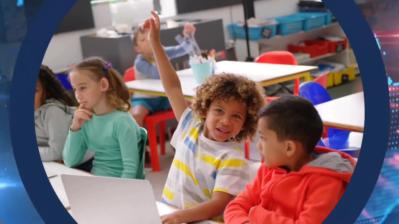 Globe rotating over school class revealing five students learning with data lines then raising hand