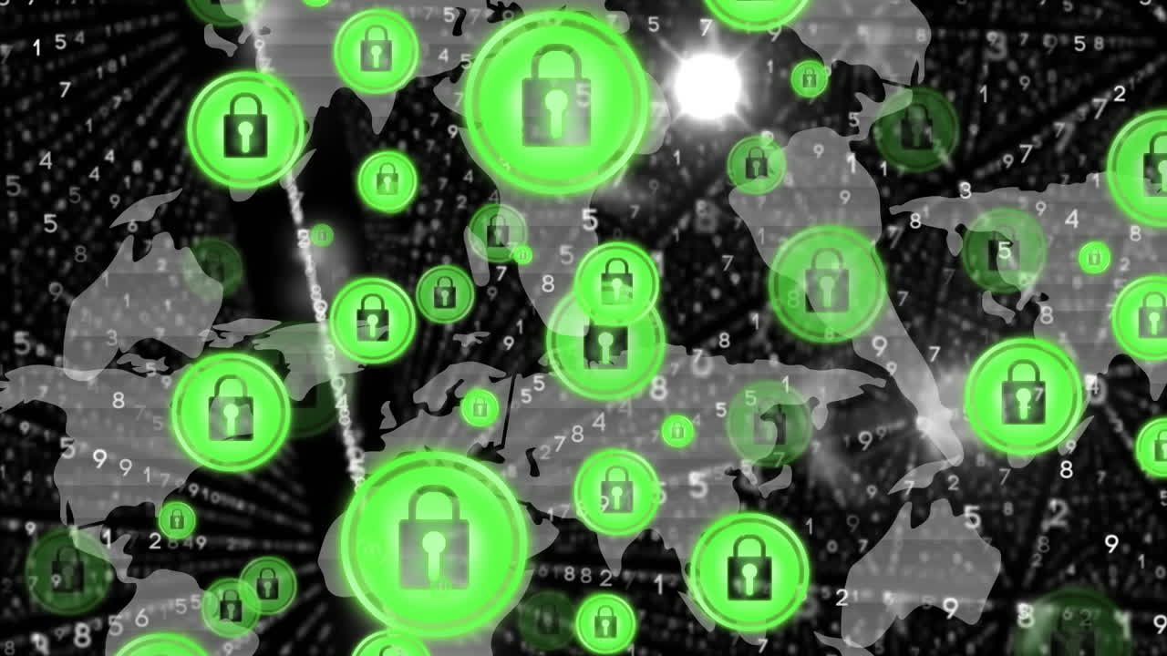 세계 지도 위에  ⁇ 락 보안 아이콘을 가진 연결 네트워크의 애니메이션