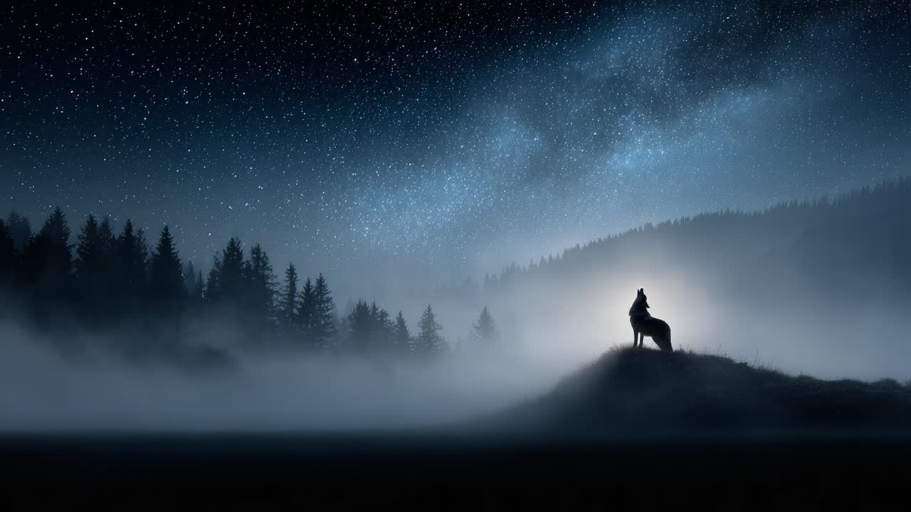 A lone wolf howls under a starry sky, illuminated by the mysterious glow of the moonlight while surrounded by a dense fog and towering trees in a tranquil nighttime landscape