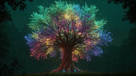 a majestic illuminated tree glows in a mystical forest, with vibrant colors and twinkling lights creating a dreamlike atmosphere under the starry sky