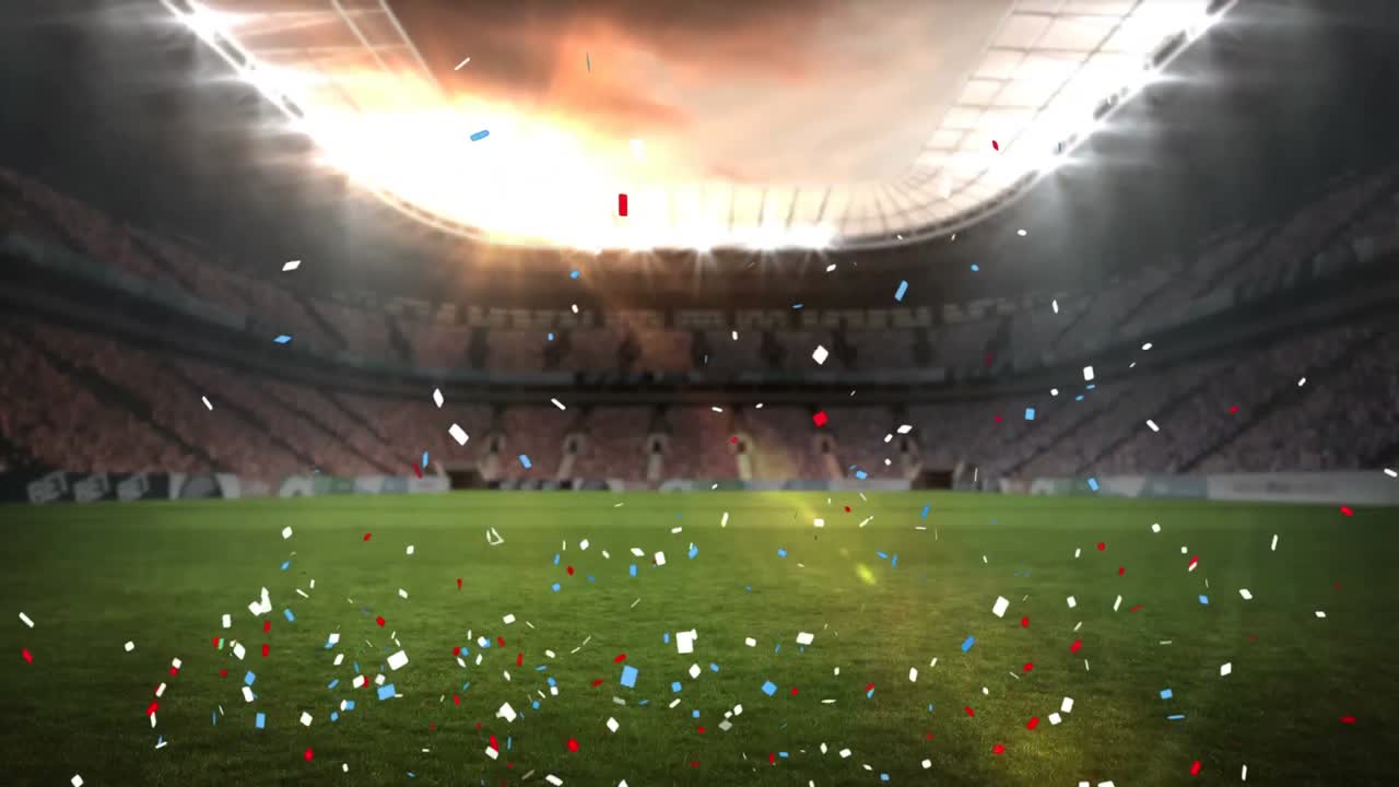 animación digital de confeti colorido cayendo contra el estadio deportivo en el fondo