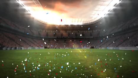 Digital-animation-of-colorful-confetti-falling-against-sports-stadium-in-background