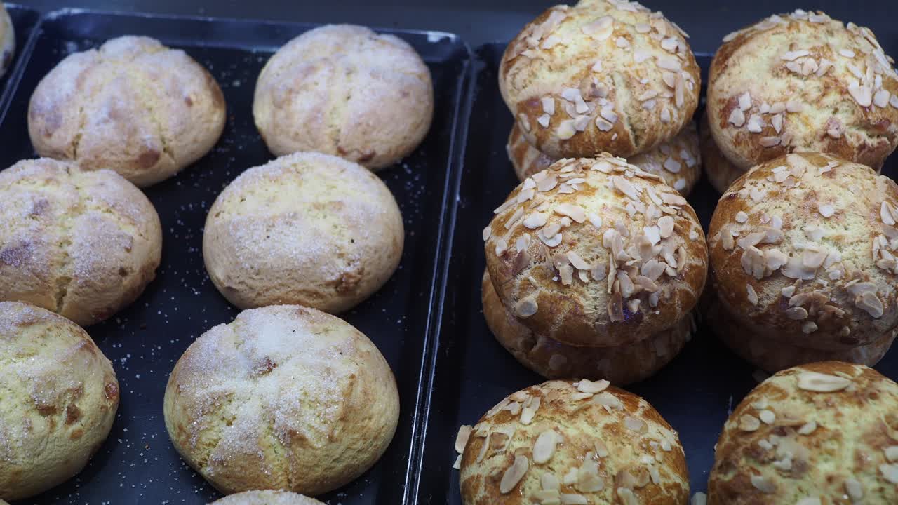 Assortment of pastries on display at a bakery
