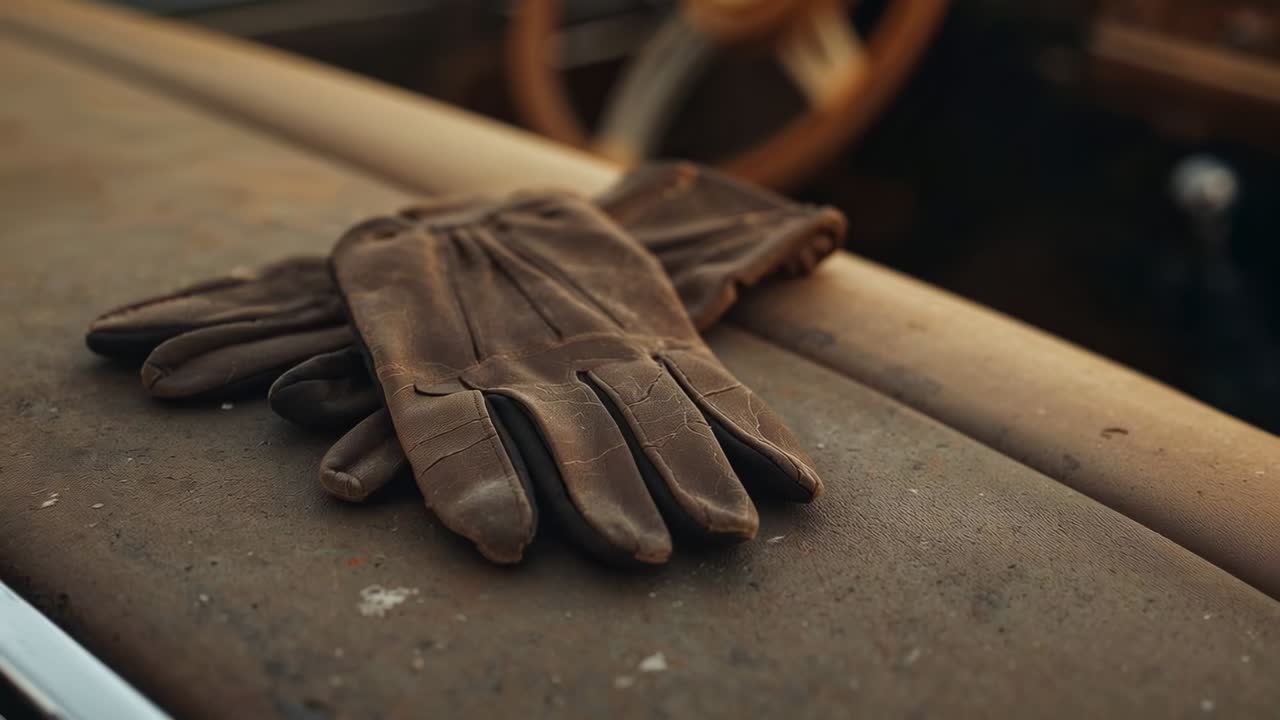 Pushing camera zooming in and adjusting focus on brown leather gloves on dusty metal, showing wear