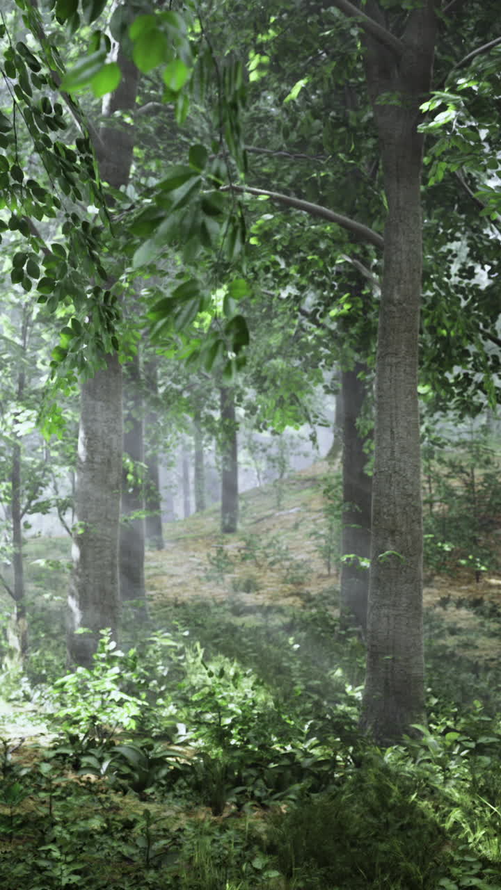 Pemandangan hutan dengan pepohonan dan tumbuhan hijau di bawah cahaya pagi hari.