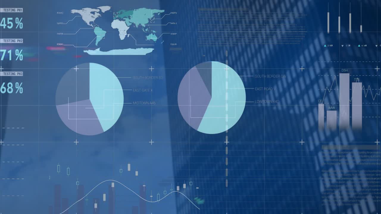 Animation of statistics and financial data processing over modern building