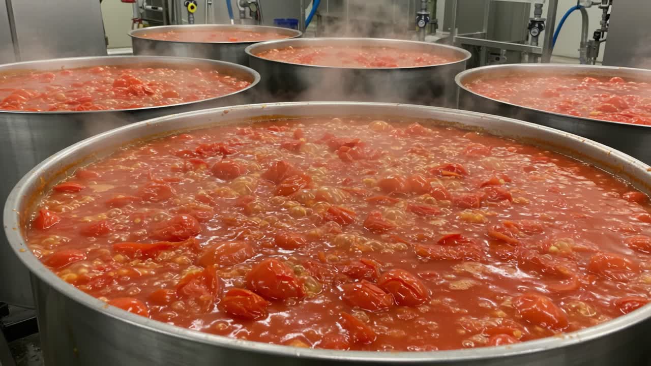 Vibrant Pots of Simmering Tomato Sauce: A Culinary Process Showcasing Fresh Tomatoes in Large Batches, Creating a Rich, Flavorful Masterpiece in a Kitchen Environment