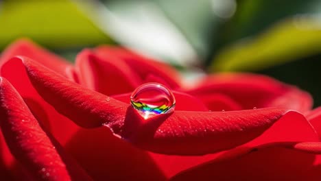 a stunning macro view of a dew drop resting gracefully on vibrant red rose petals, capturing the intricate details of nature's beauty and radiance