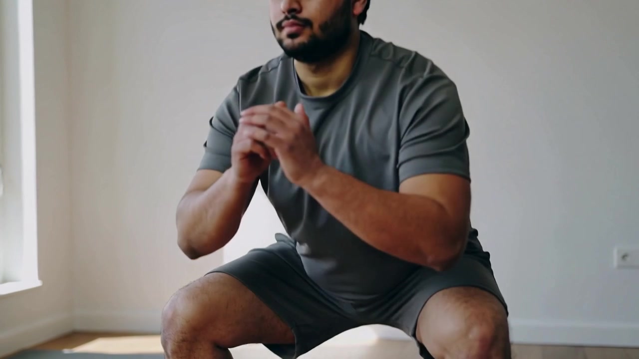 Uomo in pantaloncini grigi che inizia uno squat profondo, eseguendo squat a casa per la forza, con una palla bianca.