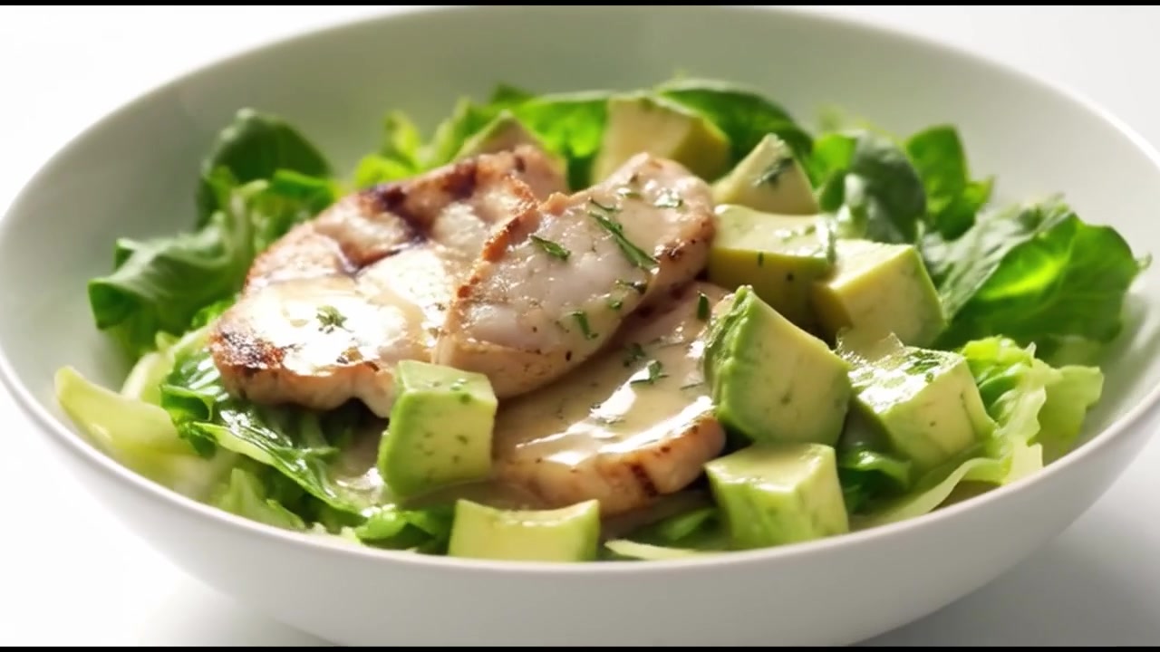 Grillet kylling- og avokadosalat i en hvit bolle