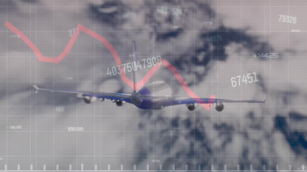 animación de gráfico rojo y procesamiento de datos sobre un avión que vuela en un cielo nublado azul.