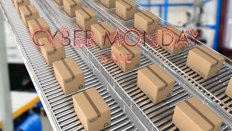 animación del texto de venta del lunes cibernético sobre cajas de cartón en cintas transportadoras