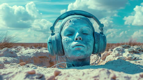 antiguas cabezas de piedra en un entorno desértico distópico con auriculares hechos con arte generativo