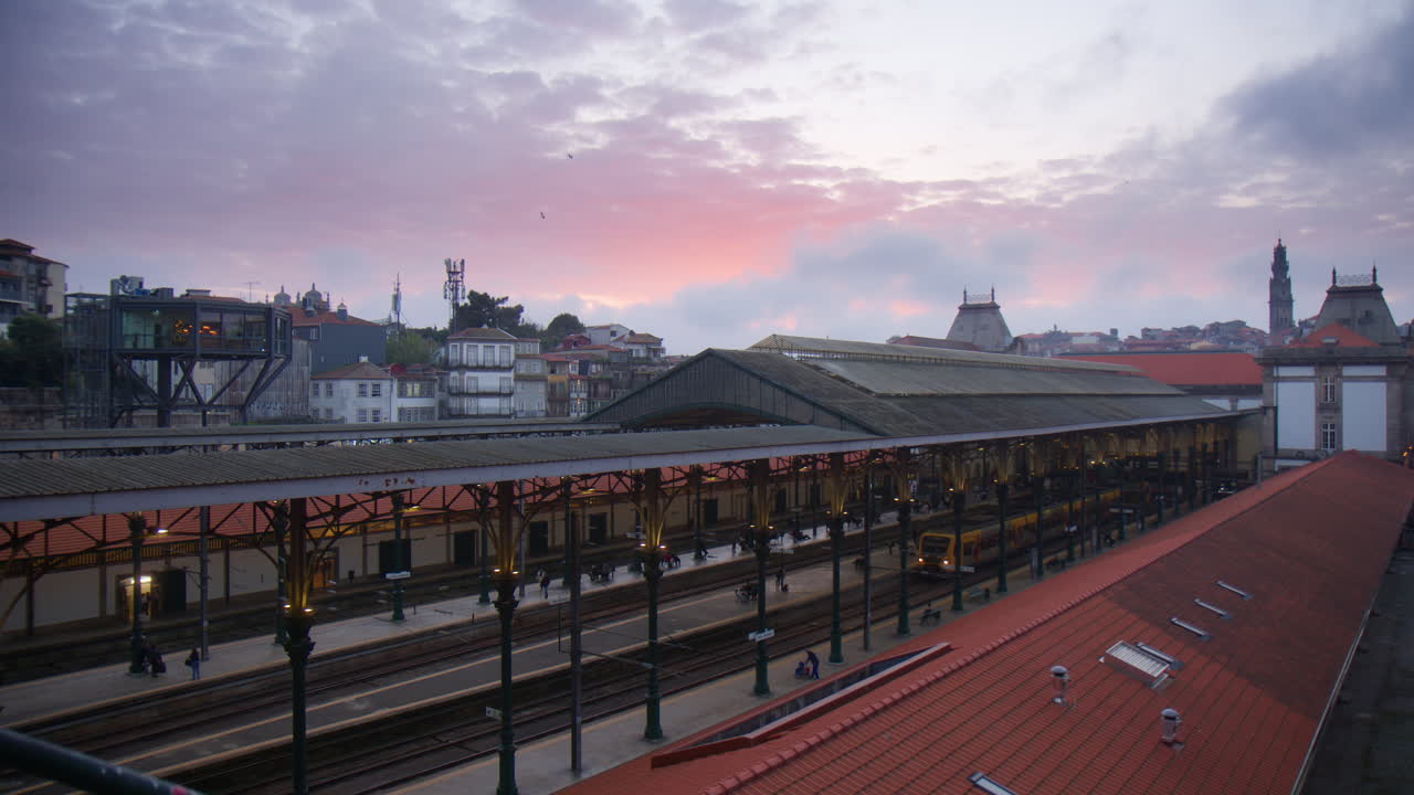 Sao Bento Railway Station At Sunset In Porto, Portugal. Wide Shot