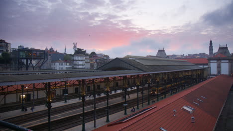 sao bento railway station at sunset in porto, portugal. wide shot