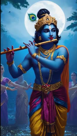 hindu deity playing a bansuri, a transverse flute, under the soft glow of a full moon, while gopis dance gracefully in the background, creating a serene and spiritual atmosphere
