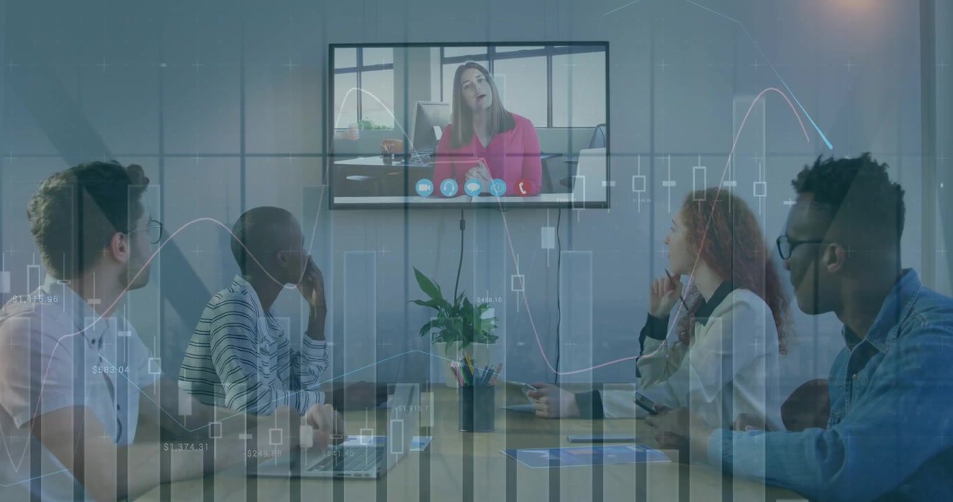 Diverse Business Team in Video Conference Meeting with Financial Data Overlay