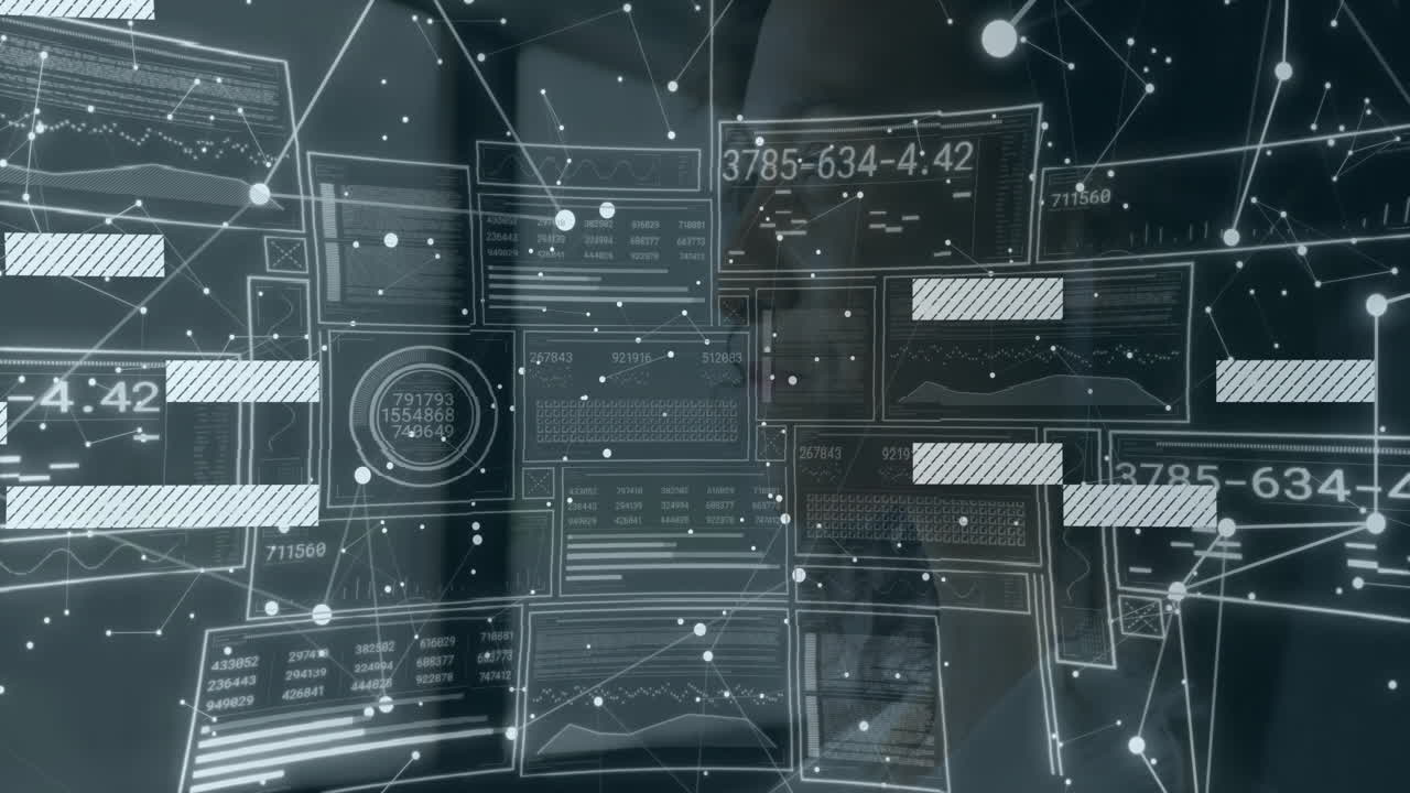 Digital interface with data charts and graphs over network connections animation