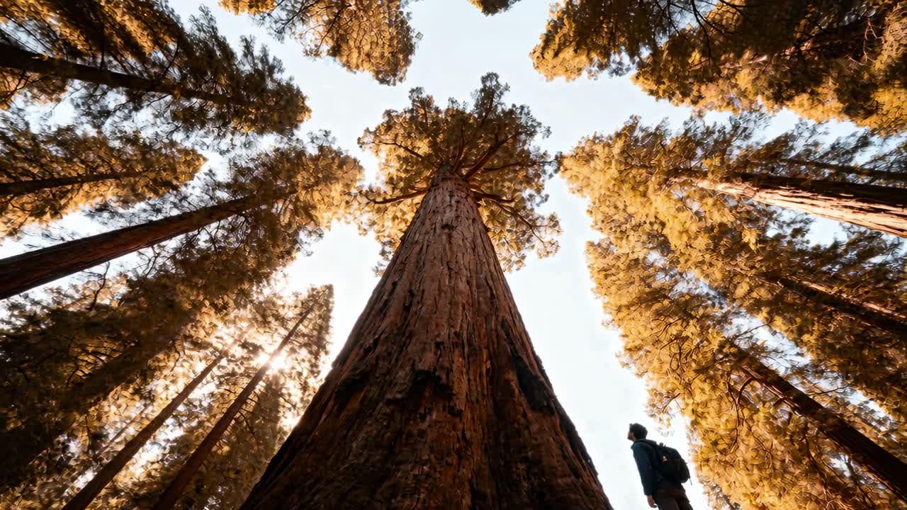 Telecamera che si inclina verso l'alto, un escursionista vicino al tronco guarda la chioma degli alberi, raggi animati misurano la scala per uno studio della foresta.