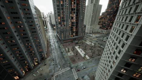 aerial hyperlapse of busy car traffic in between skyscrapers city center