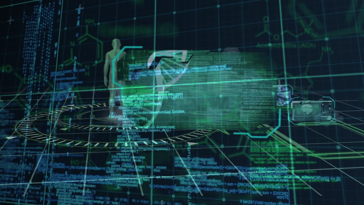 검은 바탕에 생물학적 데이터가 있는 디지털 화면의 애니메이션