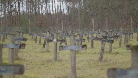 slow pan over large abandoned graveyard with old crucifixes