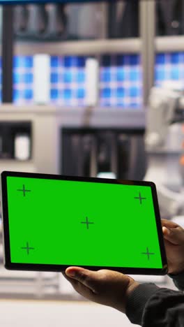 vertical video smart factory specialist using green screen tablet to test automated systems