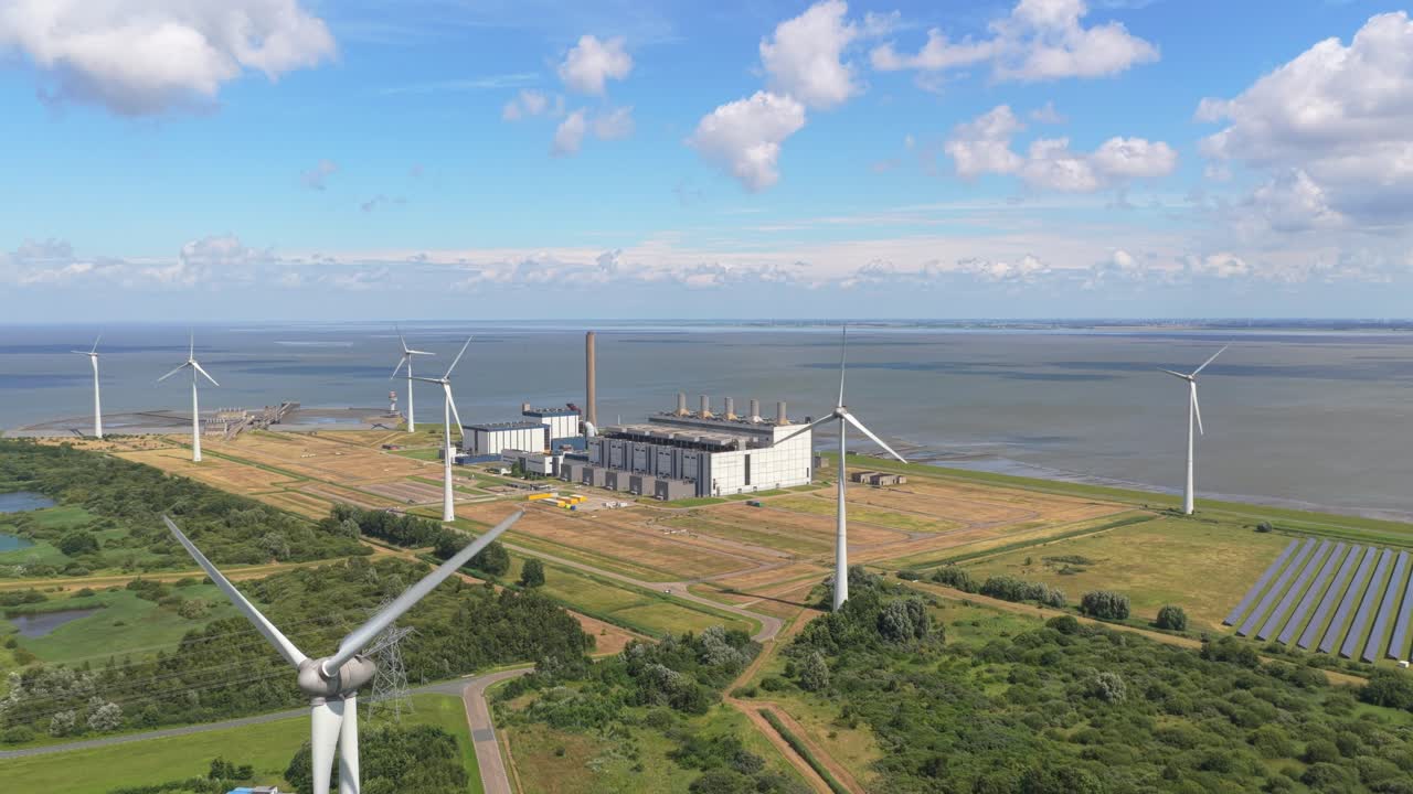 Drone view of modern Eemscentrale gas station generating 1750 MW power