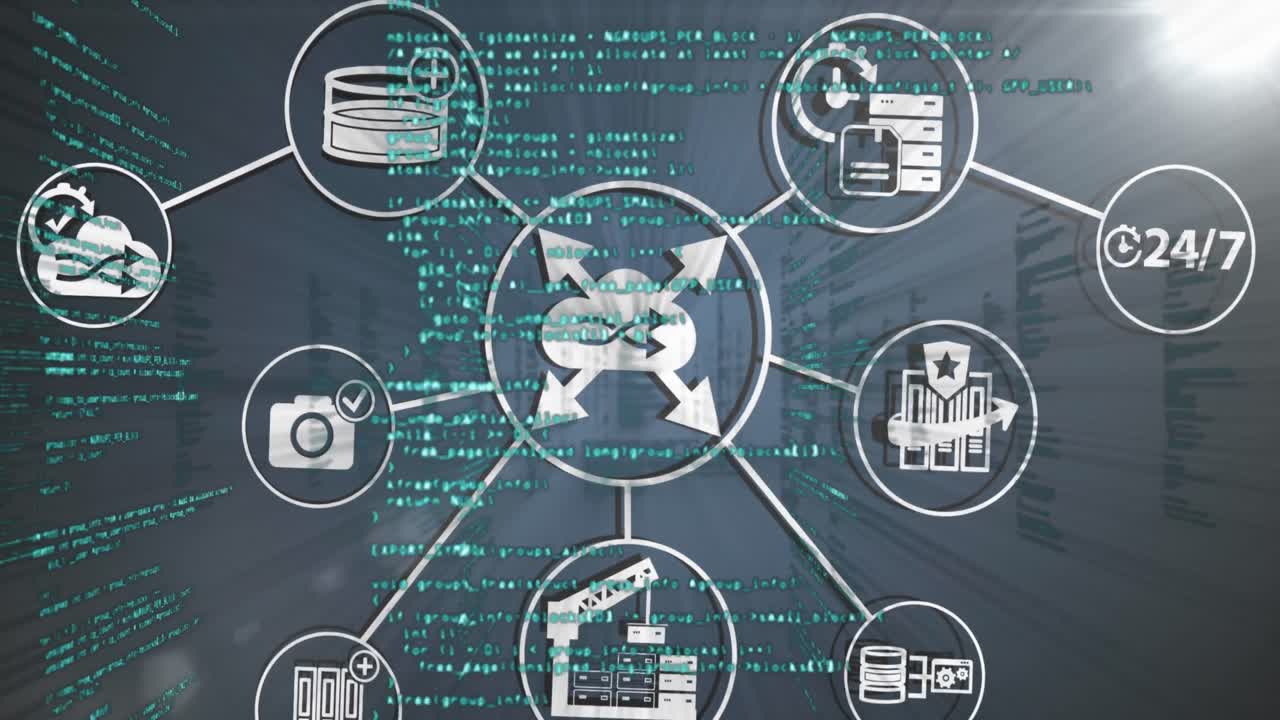 animaciones de la red de conexiones con iconos sobre el procesamiento de datos en fondo gris
