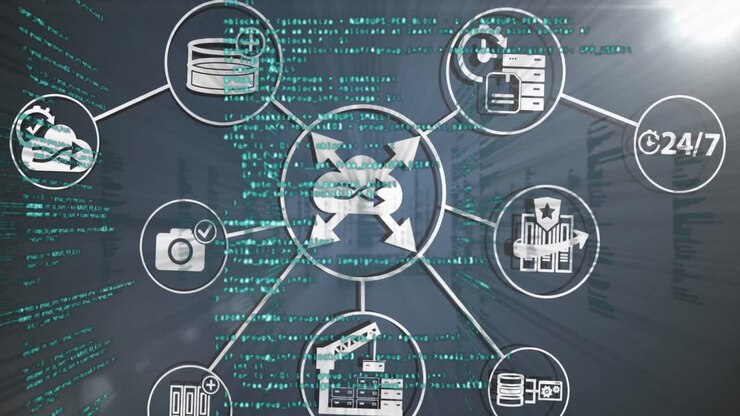 Animations of network of connections with icons over data processing on grey background