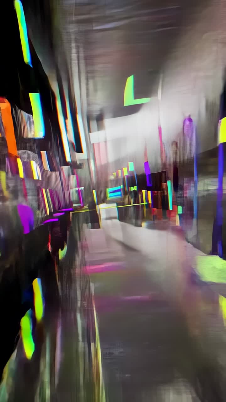 Vertical video: Moving POV camera down neonlit hall, showing pair in coats walking left to exit