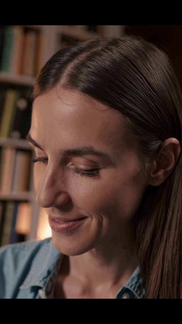 mujer sonriendo en una biblioteca