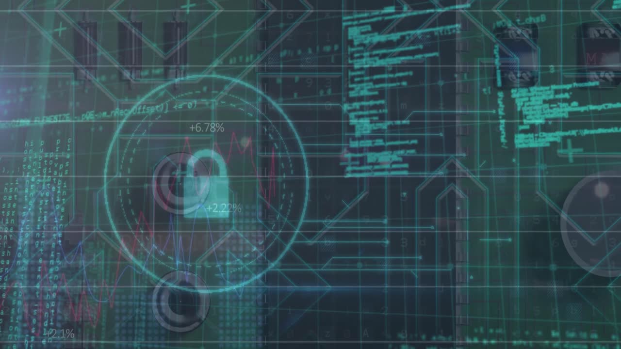 Animation of data processing, online security padlock and circuit board